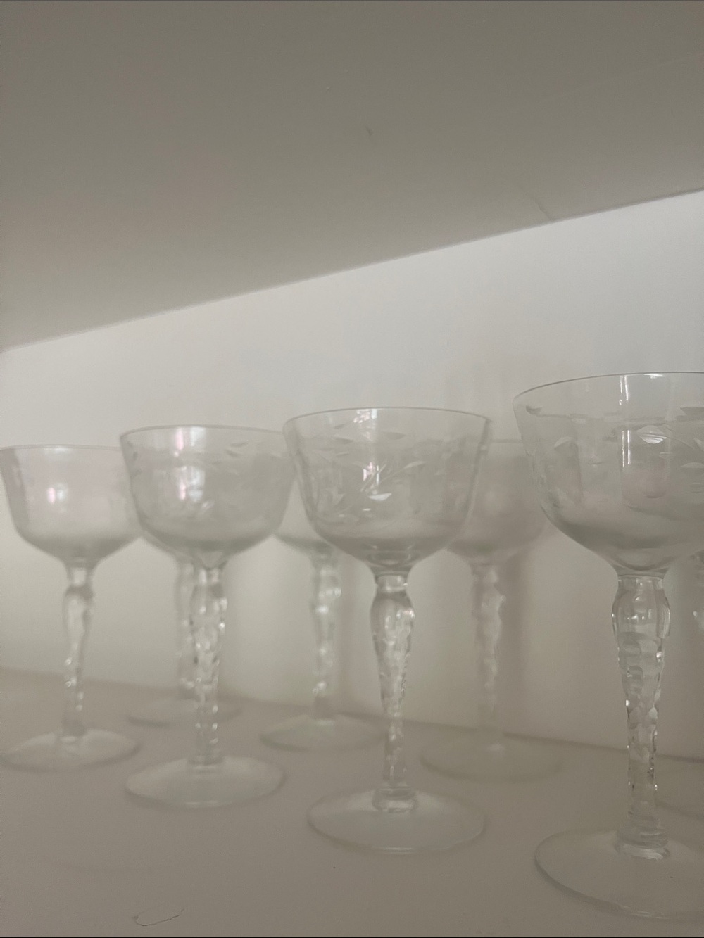 Antique etched glass drinkware (set of 10)